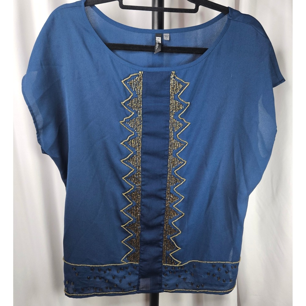 KUT from the Kloth Beaded Blouse Bohemian Top Party Sheer‎ Blue L